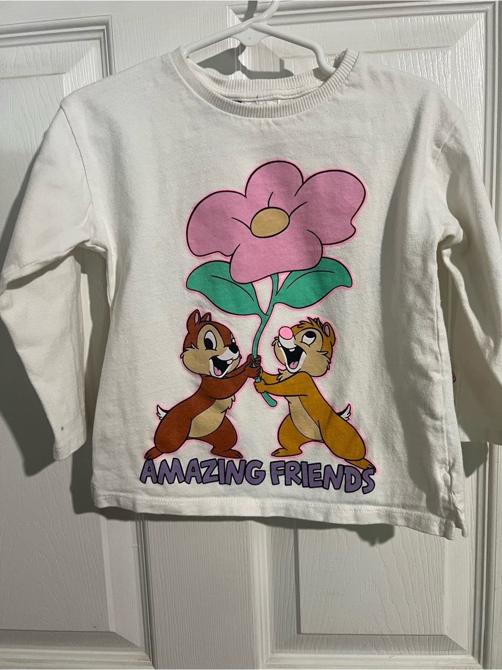 Zara White Long-Sleeve Tee with Pink Flower & Cartoon Chipmunks